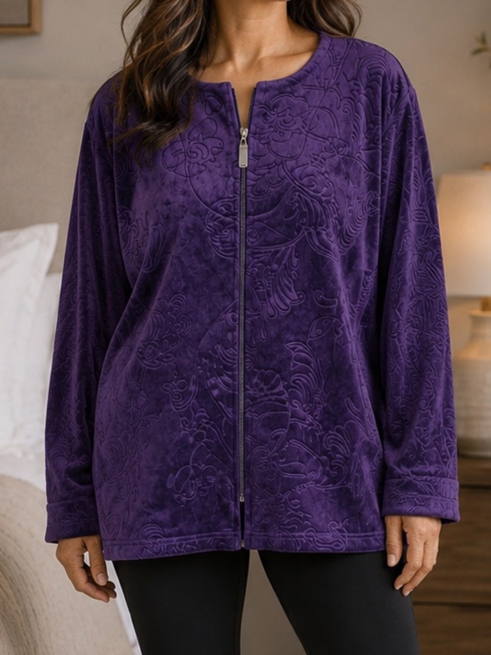 Miss Elaine dark purple embossed fleece zip-front lounge jacket xl - Picture 1 of 13